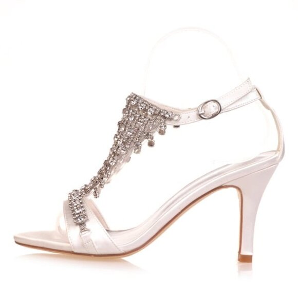 Satin Stiletto Heel Peep Toe Sandals with Buckle Rhinestone - Picture 4 of 4